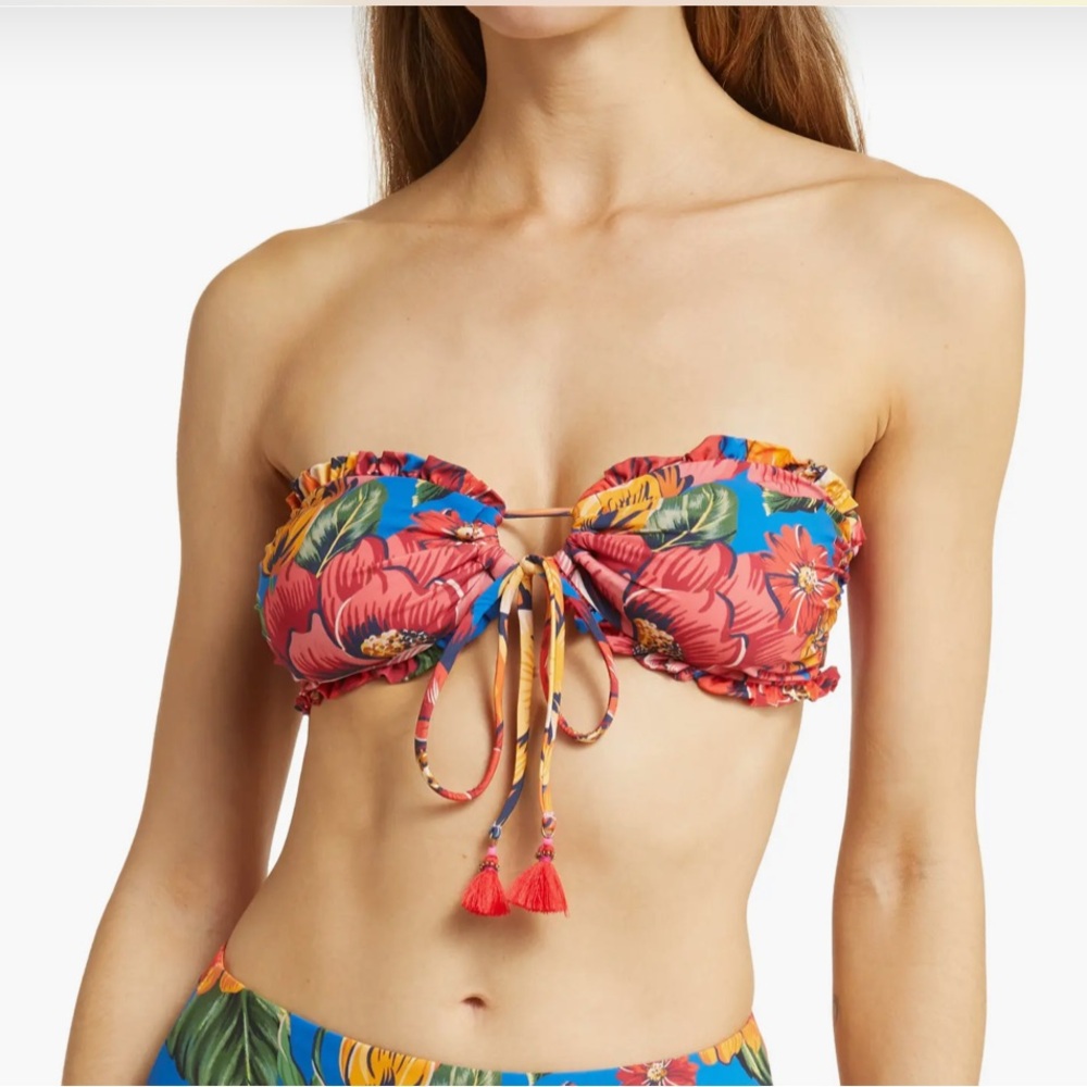 FARM Rio Blue Winter Chita Strapless Bikini Top Floral Bandeau  S NWT $95